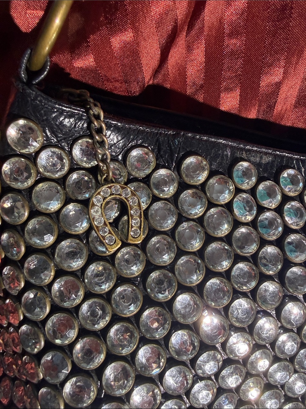 Betsey Johnson Black Shoulder Bag with Crystal Rhinestones and Gold Chain Handel - Picture 3 of 5